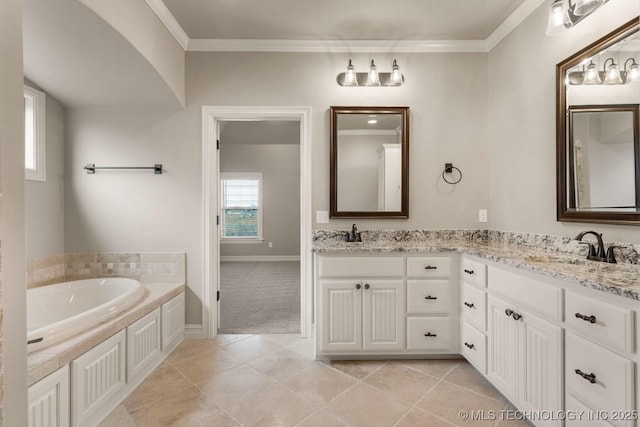 full bathroom featuring double vanity, ornamental molding, a sink, and a bath