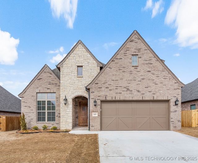 french provincial home featuring concrete driveway, brick siding, and fence