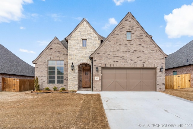 view of front of home with driveway, brick siding, and fence