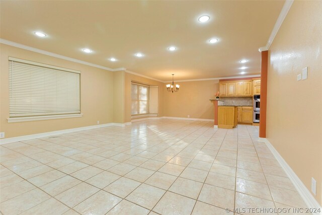 unfurnished living room with light tile patterned floors, a chandelier, and ornamental molding