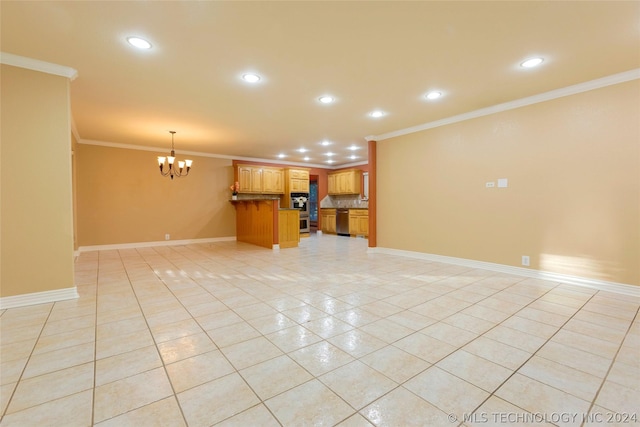 unfurnished living room featuring crown molding, light tile patterned flooring, and a notable chandelier