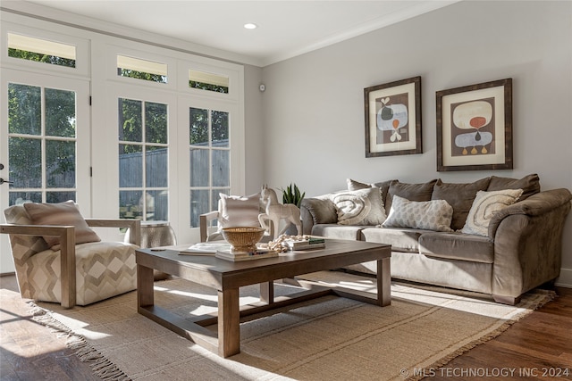 living room featuring wood-type flooring and ornamental molding