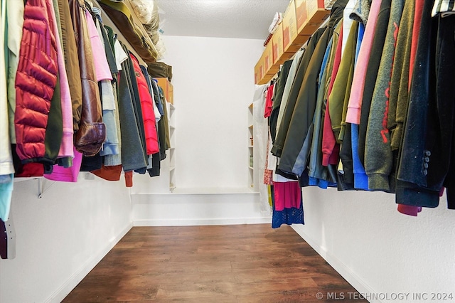 spacious closet with dark hardwood / wood-style floors