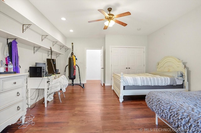 bedroom featuring ceiling fan, dark wood-type flooring, and a closet