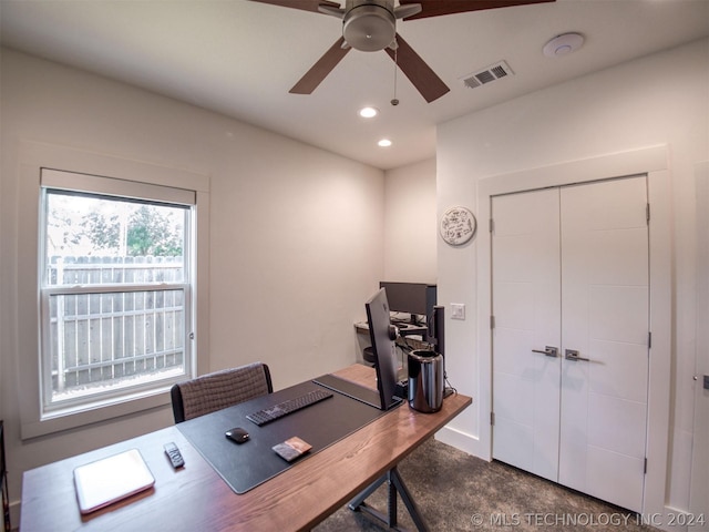 office featuring recessed lighting, visible vents, and ceiling fan