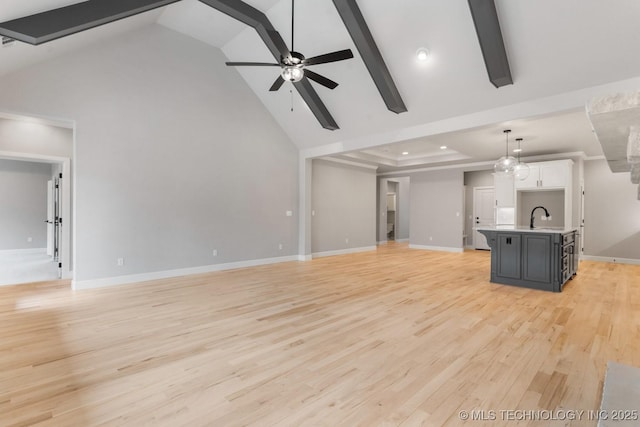 unfurnished living room featuring light wood-style flooring, a ceiling fan, a sink, high vaulted ceiling, and baseboards