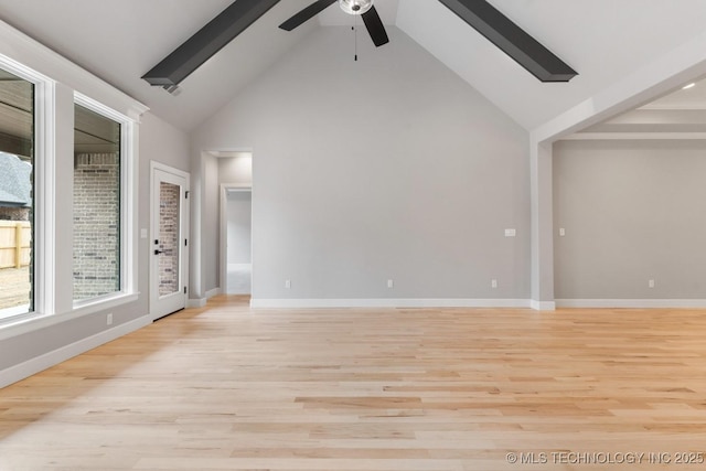 empty room with beam ceiling, a ceiling fan, high vaulted ceiling, light wood-type flooring, and baseboards