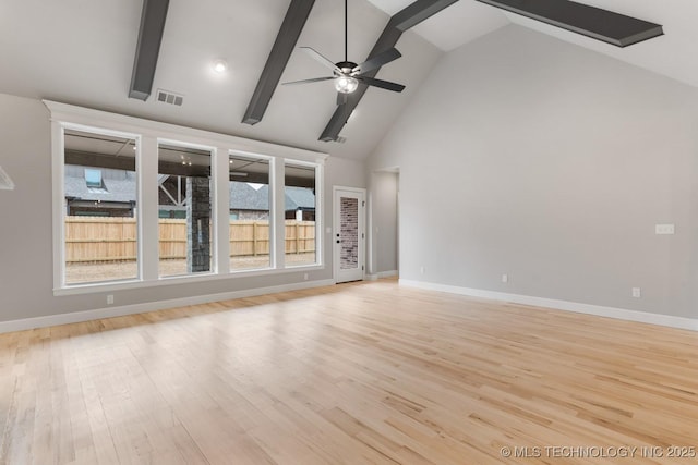 unfurnished room with visible vents, baseboards, light wood-style flooring, ceiling fan, and high vaulted ceiling