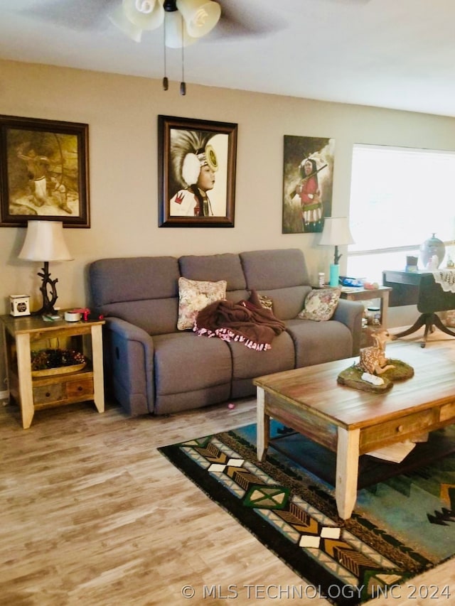 living room featuring ceiling fan and wood-type flooring