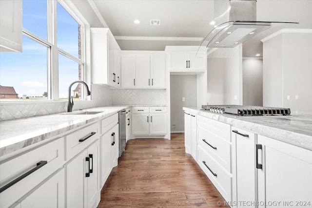 kitchen featuring light stone countertops, hardwood / wood-style flooring, white cabinetry, appliances with stainless steel finishes, and sink