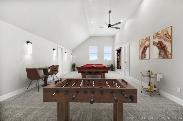 recreation room featuring high vaulted ceiling, light colored carpet, ceiling fan, and billiards