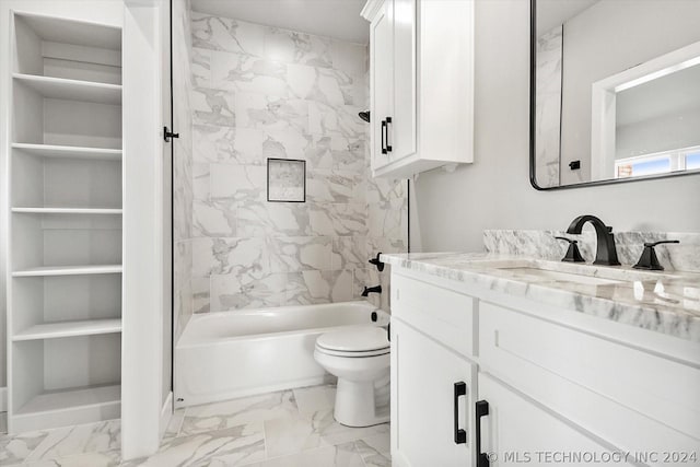 full bathroom with toilet, tiled shower / bath combo, and vanity