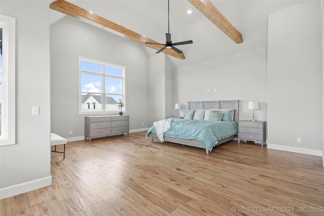 bedroom with beam ceiling, ceiling fan, baseboards, and wood finished floors