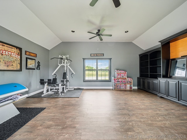 workout room featuring ceiling fan, lofted ceiling, and hardwood / wood-style flooring