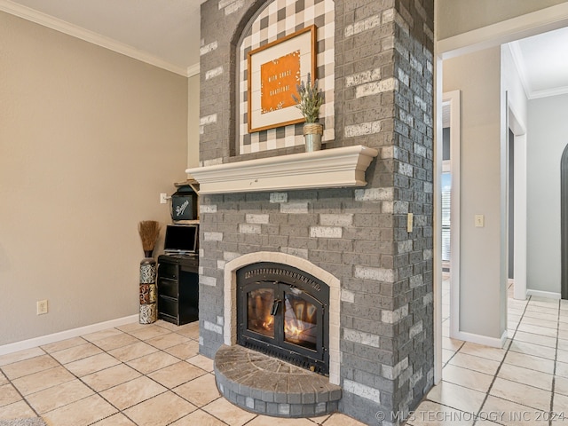 details with ornamental molding and a wood stove