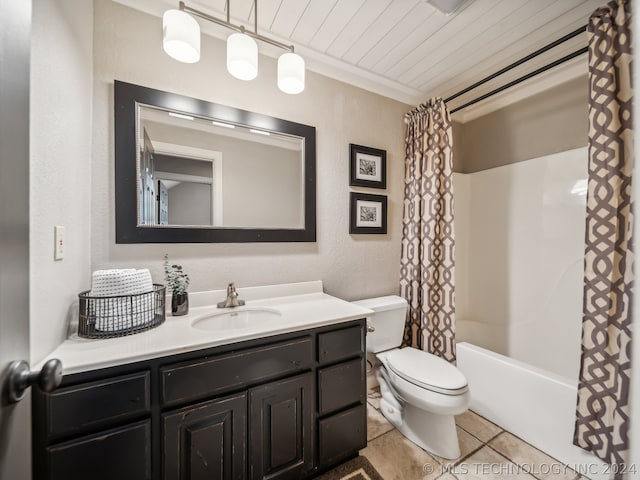 full bathroom featuring toilet, vanity, ornamental molding, shower / bath combo with shower curtain, and wooden ceiling