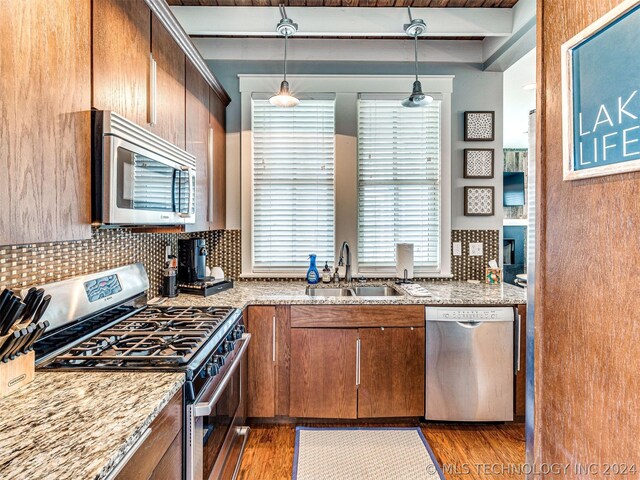 39 Boardwalk St, Carlton Landing, OK 74432 - kitchen featuring sink, dark wood-type flooring, stainless steel appliances, and beam ceiling