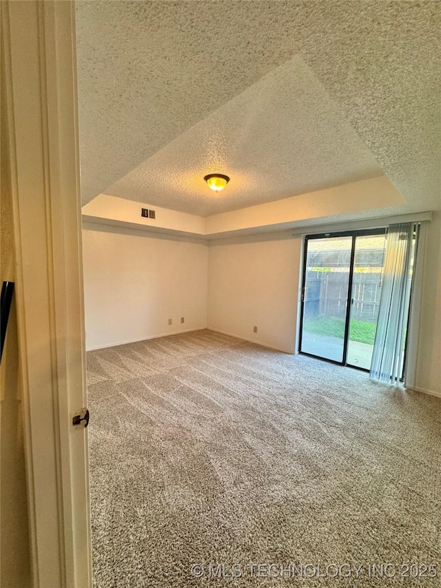 carpeted spare room with visible vents, a textured ceiling, and a raised ceiling