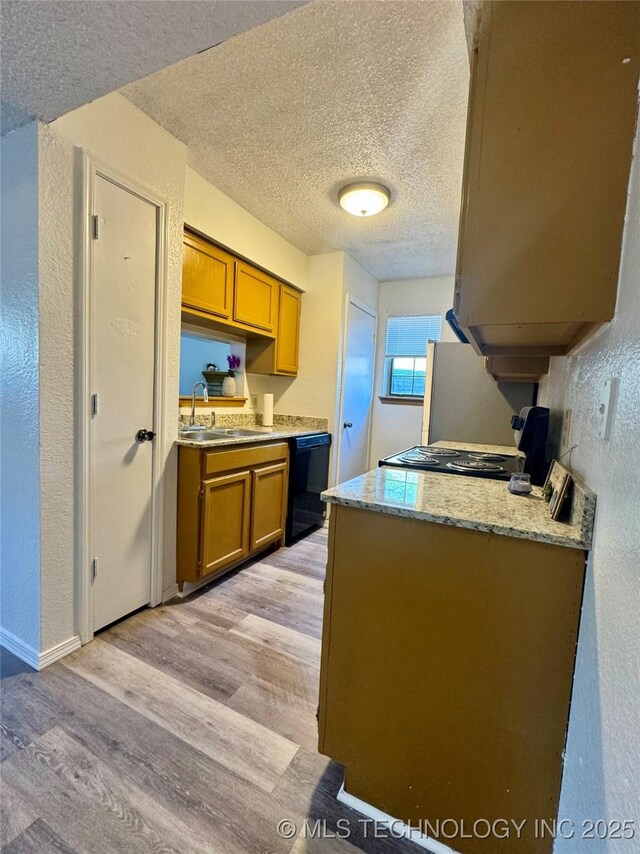 kitchen featuring light wood-style flooring, a sink, a textured ceiling, a textured wall, and black appliances