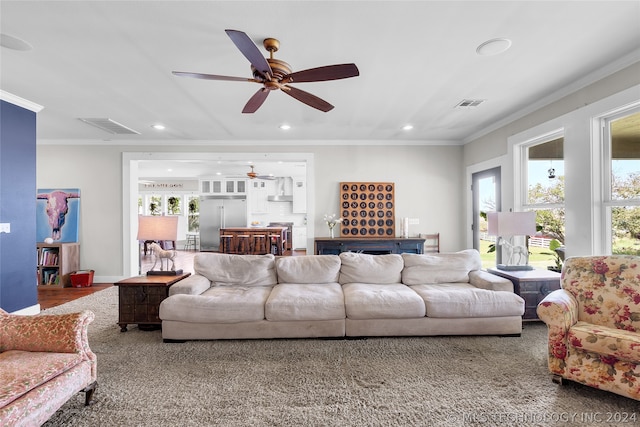 living room featuring ceiling fan, plenty of natural light, and crown molding