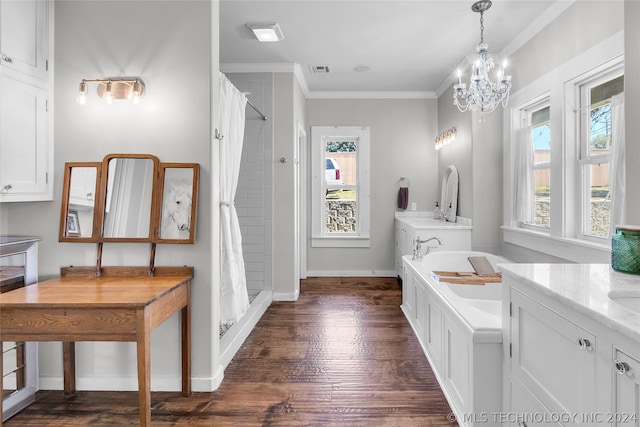 bathroom featuring crown molding, hardwood / wood-style floors, a chandelier, and vanity