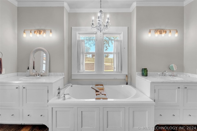 bathroom featuring a tub, dual vanity, crown molding, and hardwood / wood-style floors