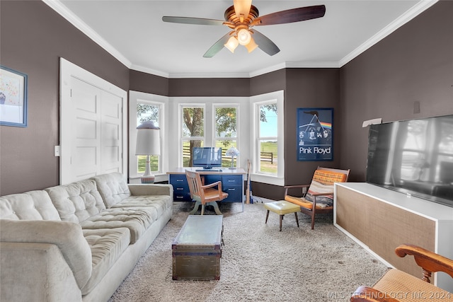 living room with carpet flooring, ceiling fan, and crown molding