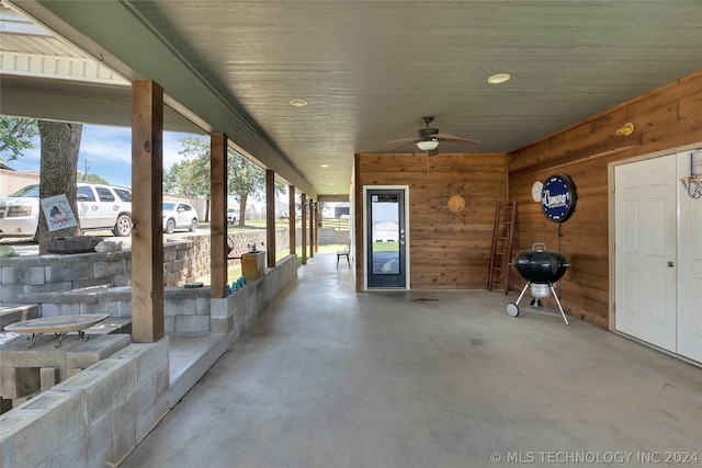 interior space featuring ceiling fan and grilling area