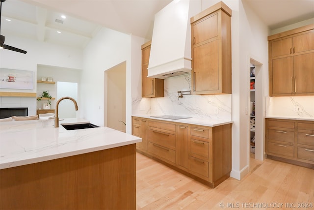 kitchen featuring decorative backsplash, sink, light hardwood / wood-style flooring, and premium range hood