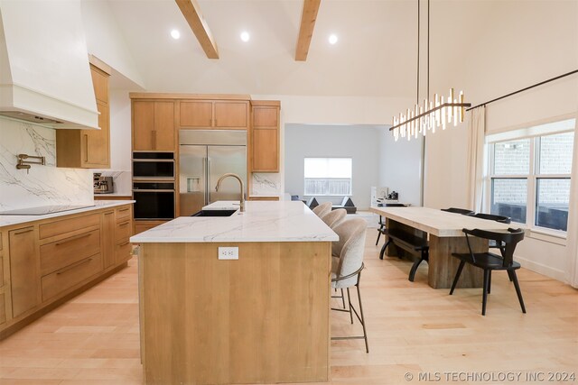 kitchen featuring decorative backsplash, beamed ceiling, black appliances, and custom range hood