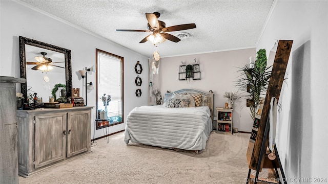 bedroom with light carpet, ceiling fan, crown molding, and a textured ceiling