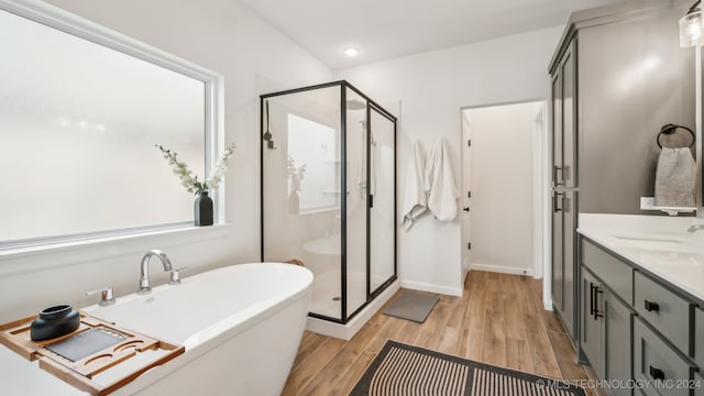 bathroom with vanity, hardwood / wood-style floors, and independent shower and bath