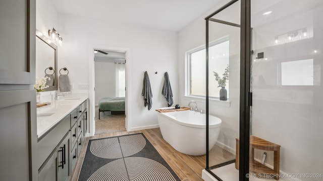 bathroom featuring vanity, hardwood / wood-style flooring, and plus walk in shower