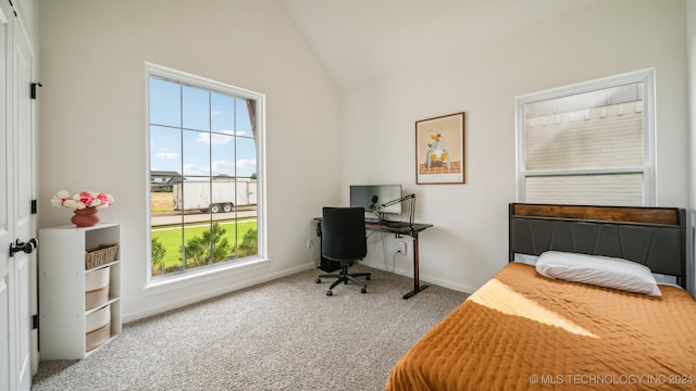 carpeted bedroom featuring lofted ceiling