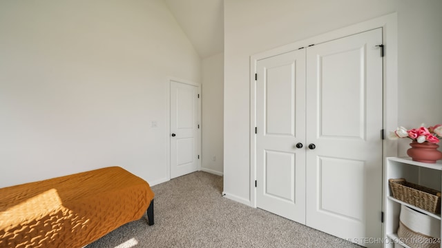 carpeted bedroom featuring a closet and high vaulted ceiling