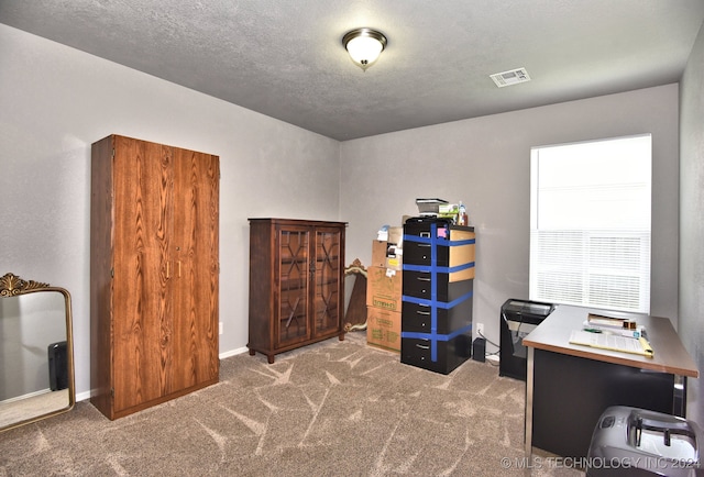 carpeted office with a textured ceiling