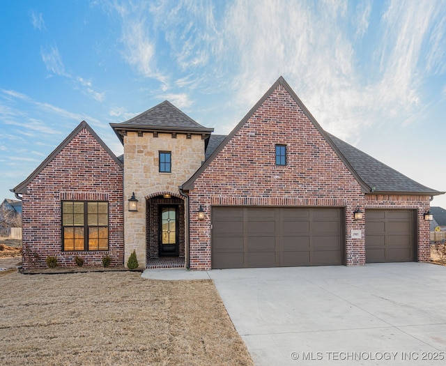 view of front of property with a garage, brick siding, driveway, stone siding, and roof with shingles