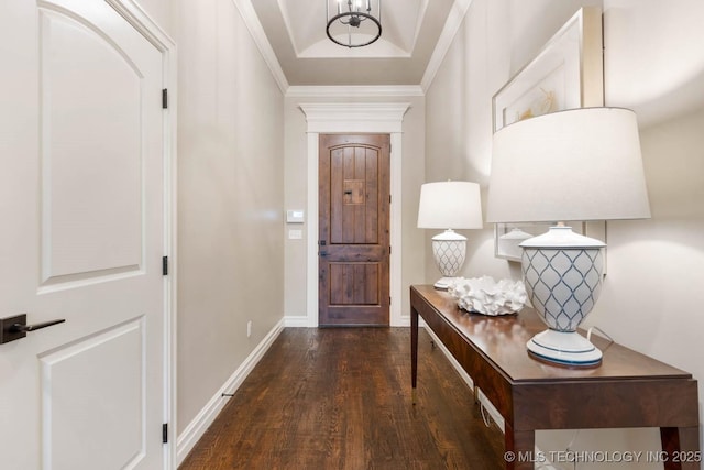 foyer featuring crown molding and dark hardwood / wood-style flooring