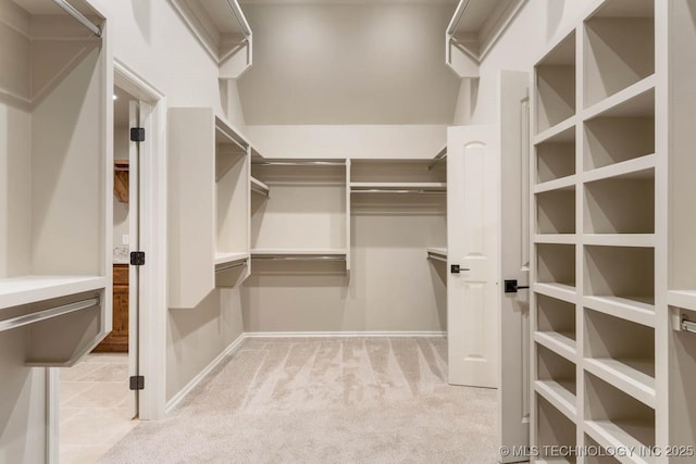 walk in closet with light colored carpet