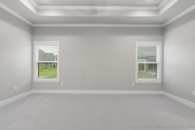 unfurnished room featuring a raised ceiling, ornamental molding, carpet, and baseboards