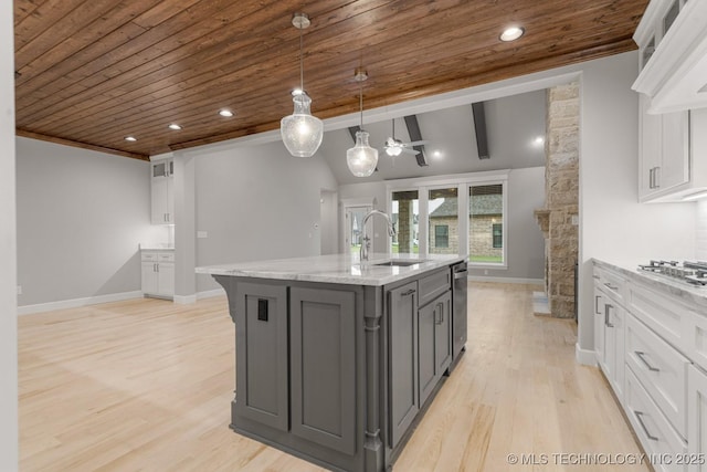 kitchen featuring a sink, wood ceiling, white cabinetry, stainless steel dishwasher, and light wood-style flooring