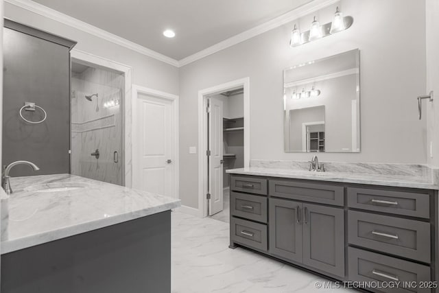 bathroom with a shower stall, marble finish flooring, vanity, ornamental molding, and recessed lighting
