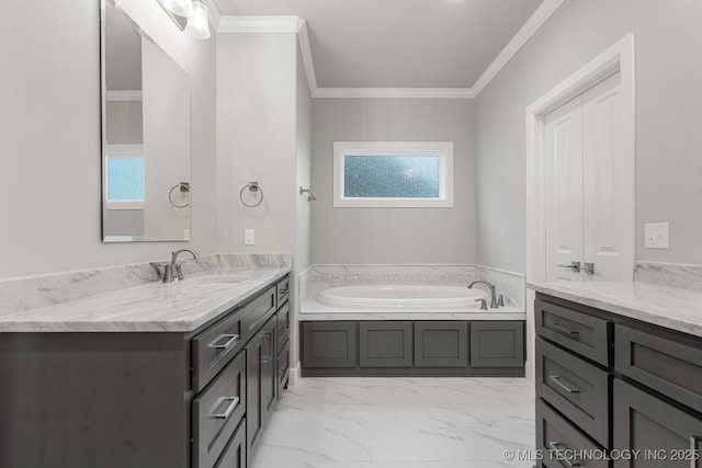 full bath with ornamental molding, healthy amount of natural light, marble look tiles, two vanities, and a bath
