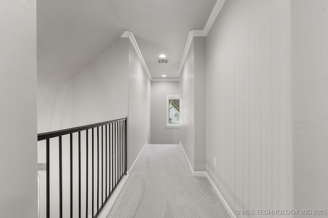hall featuring ornamental molding, baseboards, carpet floors, and recessed lighting