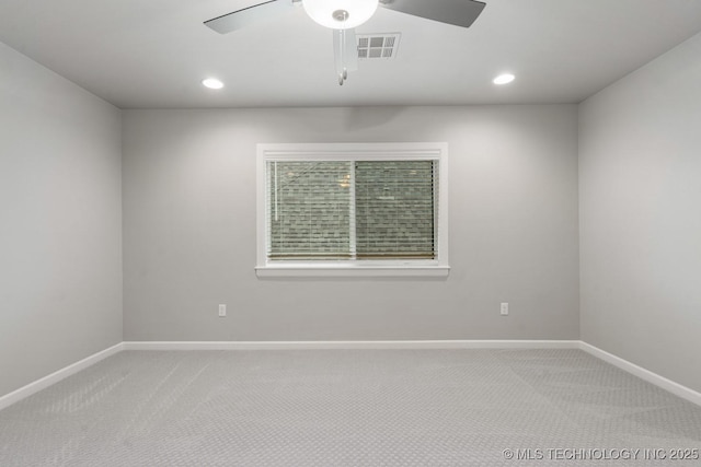 unfurnished room with carpet, baseboards, a ceiling fan, and recessed lighting