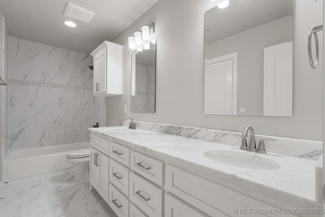 bathroom with marble finish floors, double vanity, toilet, bathing tub / shower combination, and recessed lighting