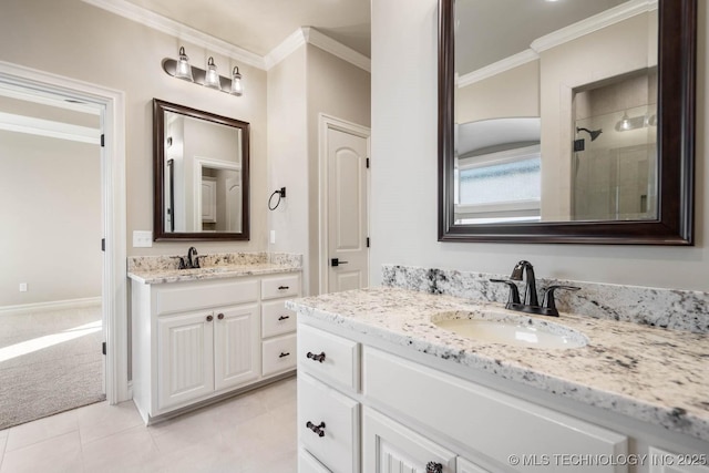 bathroom featuring a shower, tile patterned floors, vanity, and ornamental molding