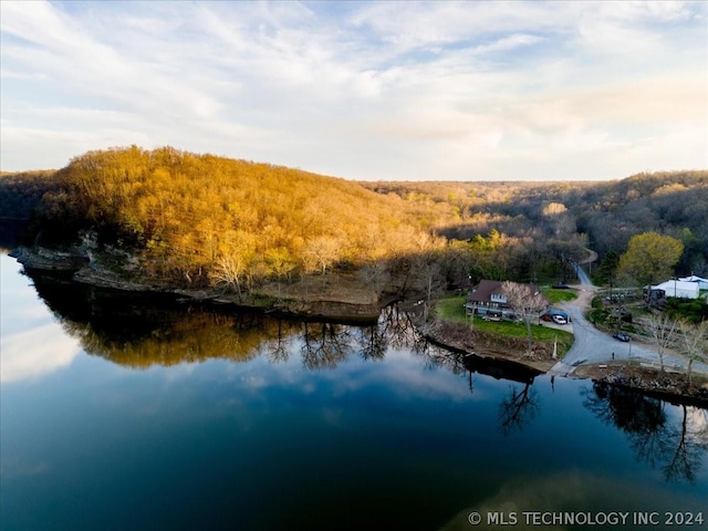 drone / aerial view featuring a water view