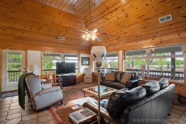 9212 N 447th Rd, Spavinaw, OK 74366 - tiled living area with wood ceiling, visible vents, wooden walls, and a towering ceiling