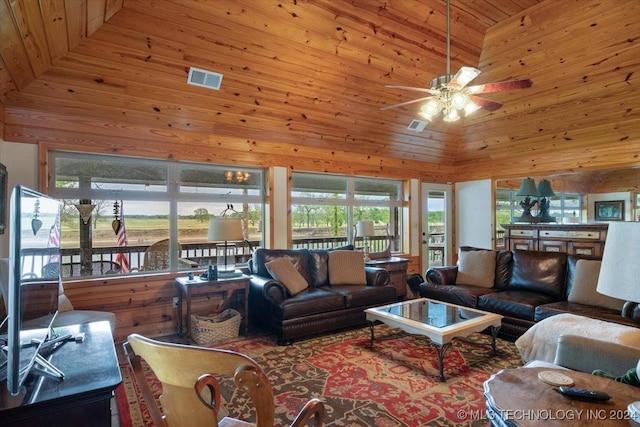 9212 N 447th Rd, Spavinaw, OK 74366 - living room with high vaulted ceiling, wood walls, wooden ceiling, and visible vents